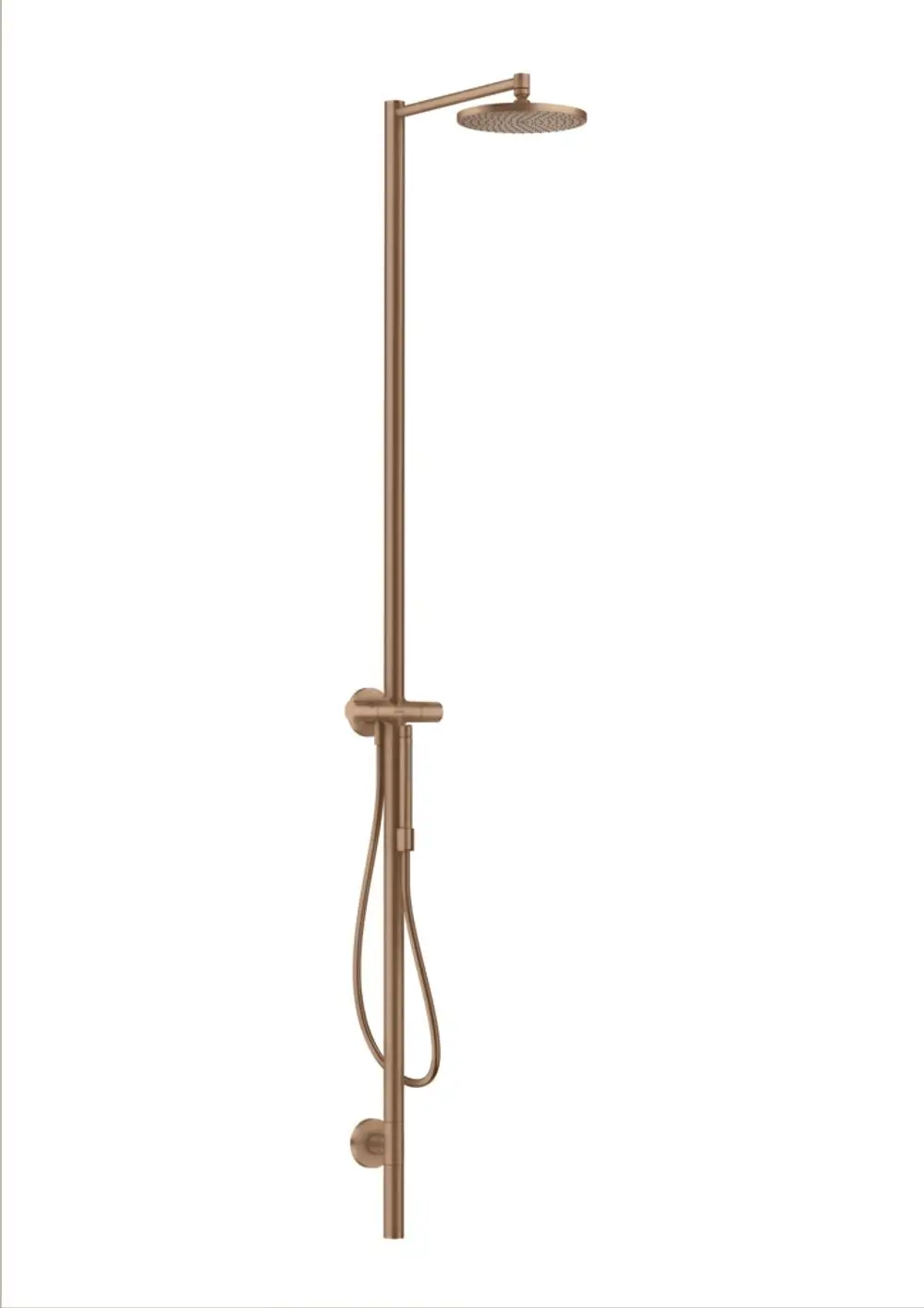 Duschsäule mit Kopfbrause in gebürstetem Rotgold, vertikal montiert. Ausführung von AXOR mit einem angenehmen und funktionalen Design.